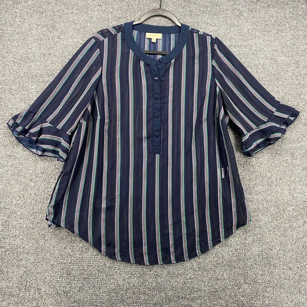 Modcloth‎ Blouse Top Womens 1X Blue Striped Sheer Tunic Popover Beachy Casual
